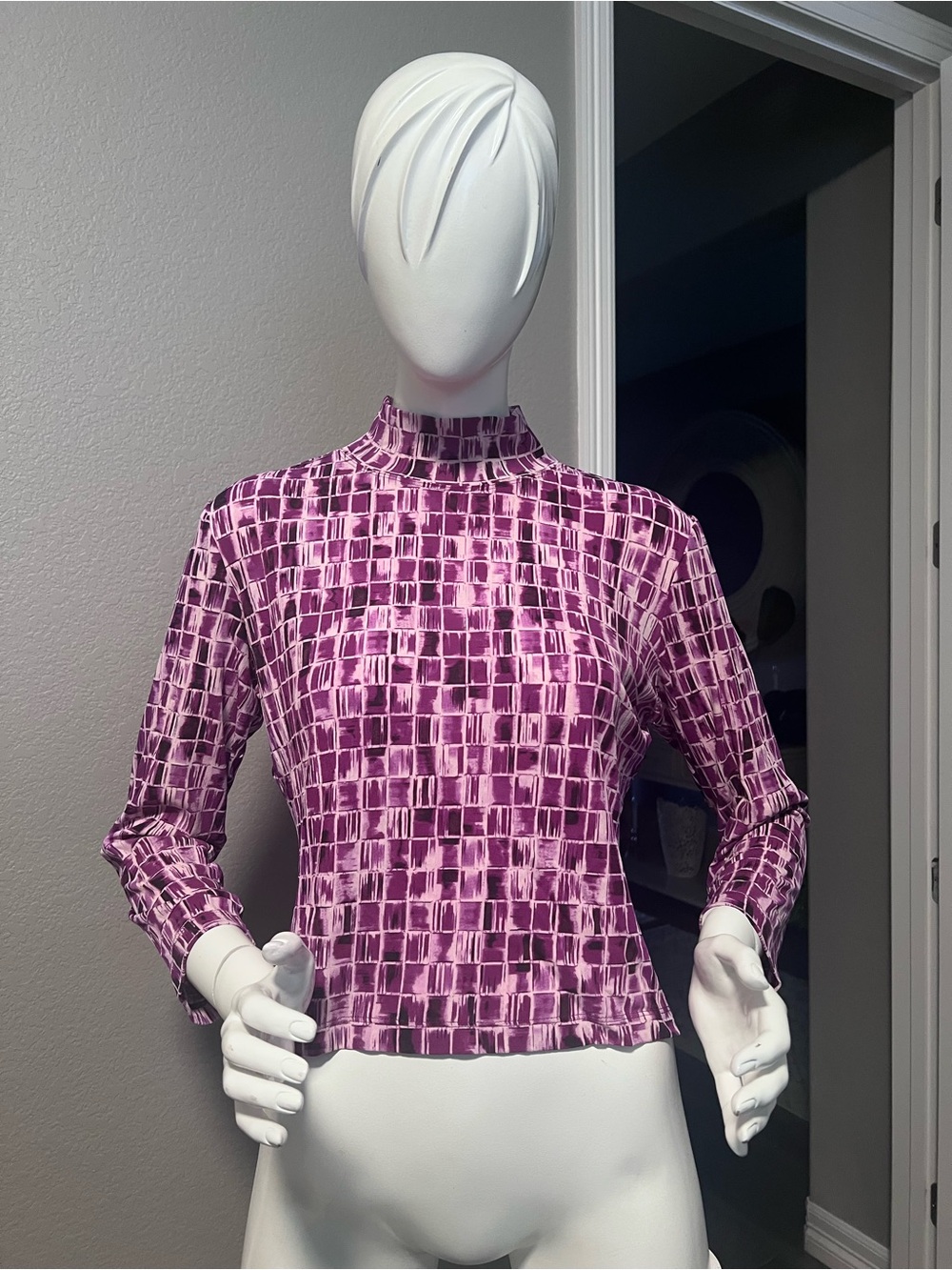 St. John Purple Abstract Grid Knit Top size L